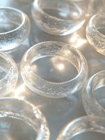 Clear resin rings with glitter sparkles captured in macro photography against soft light background, creating ethereal and magical jewelry composition.