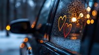 Romantic hearts drawn on wet car window with raindrops and warm bokeh lights creating intimate evening atmosphere for love and relationship concepts.