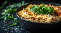 Creamy baked pasta with melted cheese and fresh arugula in black ceramic bowl, garnished with pink peppercorns against dark background. Food photography.