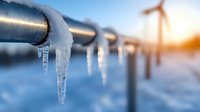 Frozen icicles hanging from industrial pipeline with wind turbine silhouette in blurred winter background at sunset, demonstrating renewable energy in cold climate.
