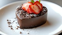 Heart shaped chocolate mousse dessert topped with fresh sliced strawberries and chocolate shavings on white plate. Rich dark chocolate ganache coating creates elegant finish.