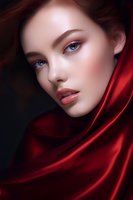 Young Caucasian woman with blue eyes and natural makeup wrapped in flowing red silk fabric against dark background, dramatic fashion portrait with soft lighting.