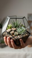 Closeup of hand holding geometric glass terrarium with succulent plants, stones and soil for indoor gardening and home decoration.