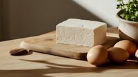 Fresh tofu block on wooden cutting board with brown eggs in natural sunlight, minimalist food composition with dramatic shadows and warm tones.