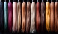 Colorful hair extensions arranged in row showing different natural and fashion colors from blonde to pink and blue on black background. For beauty salon advertising.