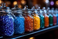 Colorful glass jars filled with vibrant beads and decorative elements arranged in rainbow order on dark shelf with bokeh background lighting creates magical craft supply display.