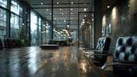 Modern corporate boardroom with polished wooden conference table and leather chairs in contemporary office space with large windows and ambient lighting.