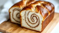 Freshly baked cinnamon swirl bread loaf sliced on wooden cutting board showing spiral pattern inside soft white dough with golden brown crust for bakery menu.
