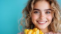 Young Caucasian woman with wavy blonde hair and bright smile holding yellow gerbera daisy flower against turquoise background, expressing joy and natural beauty.