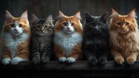 Five adorable Maine Coon cats of different colors sitting in row on dark background. Fluffy pets with distinctive features and expressive eyes showing variety of coat patterns.
