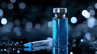 Medical vial with bright blue liquid and syringe on dark reflective surface against blurred bokeh background, dramatic lighting for pharmaceutical concept.