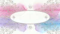 Watercolor background with ornate floral border and blank oval frame for text or design elements in pink purple blue gradient colors.