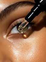 Close-up of African American woman's eye with golden liquid eye drops falling from dropper, highlighting glowing skin and long eyelashes in beauty treatment.