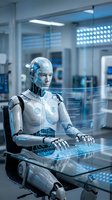 Futuristic humanoid robot with holographic interface working at computer in modern laboratory setting for technology and artificial intelligence concepts.