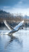 White swan taking flight from lake water with dramatic splash and outstretched wings against blue sky and reeds creating dynamic wildlife moment.