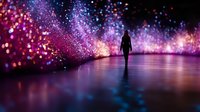 Silhouette of woman walking through magical illuminated tunnel with sparkling bokeh lights in purple and pink colors creating dreamy atmosphere.