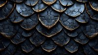 Dark dragon scales with golden edges create dramatic fantasy pattern. Textured reptilian armor background with metallic highlights forms mysterious mythical surface.