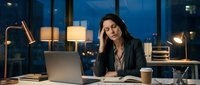 Tired businesswoman working late at night in modern office with city lights background, experiencing work stress and fatigue while using laptop computer.