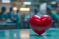 Red heart on medical table with blurred healthcare professionals in background, symbolizing cardiology, patient care and medical dedication in hospital setting.