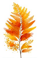 Vibrant watercolor autumn fern leaf in golden orange hues with delicate stem and artistic splatters on white background, isolated for design projects.