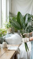 Woman hands holding fresh green tropical leaves in bright bedroom with houseplants creating natural home decor atmosphere for wellness and relaxation.