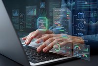 Business professional analyzing digital data dashboard with holographic interface displaying charts, graphs and analytics on laptop computer.