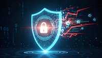 Cybersecurity shield with glowing padlock protecting against digital attacks and data breaches in futuristic network environment.