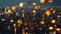 Glowing cryptocurrency symbols floating over blurred urban nighttime cityscape with bokeh lights, representing digital finance and blockchain technology.