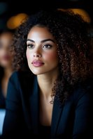Young African American woman with natural curly hair and professional makeup wearing dark blazer, looking confidently away against blurred background.