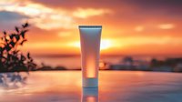 Cosmetic tube on reflective surface against dramatic orange sunset sky. Skincare product mockup with natural glow and soft focus for beauty advertising.