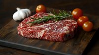 Raw marbled ribeye steak with rosemary, cherry tomatoes and garlic on dark wooden cutting board, seasoned with salt, moody food photography in natural light.