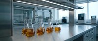 Modern laboratory with four glass flasks containing amber liquid on white counter, scientific research and chemical analysis workspace.