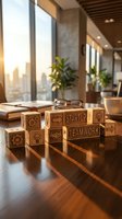 Wooden blocks with startup and teamwork text on office desk with city view background for business concept and entrepreneurship motivation.