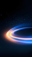 Glowing spiral light trail with orange and blue neon colors against dark background with scattered stars, creating dynamic motion effect for technology designs.