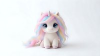 Adorable white unicorn toy with rainbow pastel mane and golden horn sitting on clean background for children's products and fantasy themes.
