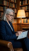 Senior woman with gray hair and glasses wearing dark blazer working on laptop in home library with wooden bookshelves and warm lamp lighting.