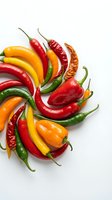 Colorful hot chili peppers arranged in circular pattern on white background. Fresh spicy vegetables including red, yellow, orange and green varieties.
