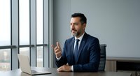 Businessman in navy suit sitting at desk with laptop, gesturing while speaking in modern office with large windows and city view. Professional male in business attire during video call or presentation.