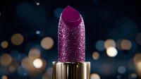 Luxurious purple glitter lipstick on dark background with bokeh lights, close-up view of cosmetic product for glamorous makeup and beauty industry.
