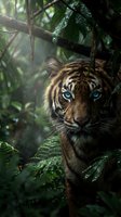 Majestic tiger with piercing blue eyes emerges from dense tropical rainforest foliage, showcasing wild predator in natural jungle habitat for wildlife conservation.