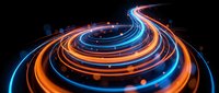 Abstract glowing spiral tunnel with neon orange and blue light trails creating dynamic motion effect for technology and digital design projects.