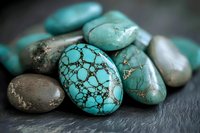 Natural turquoise stones with distinctive matrix patterns and smooth polished surface displayed on dark slate background, showing variations in blue-green hues and textures.