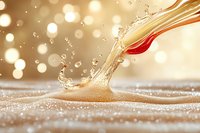 Golden liquid splash creating dynamic crown formation with sparkling droplets and bokeh light effects on textured surface for luxury beverage advertising.