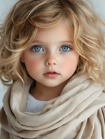 Young girl with striking blue eyes and blonde wavy hair wearing beige scarf and natural makeup in soft portrait lighting, looking directly at camera with innocent expression.