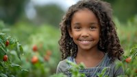 Young African American girl with curly hair smiling brightly in garden with red cherry tomato plants, wearing denim overalls, natural outdoor portrait capturing childhood joy.