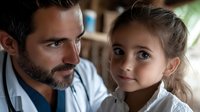 Male pediatrician with dark hair and beard wearing white coat and stethoscope examining young Caucasian girl with blonde hair in medical office setting for healthcare and wellness content.