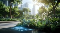 Futuristic garden path with glowing blue technology indicators integrated among lush green plants and white flowers, urban skyscrapers visible in sunlit background.