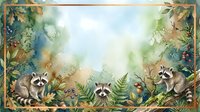 Curious raccoons explore lush forest floor surrounded by ferns, foliage and woodland plants in natural habitat setting. Vintage botanical illustration style artwork for nature-themed designs and educational materials.