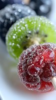 Frozen berries with water droplets and frost, macro shot showing vibrant red raspberry and green kiwi with glistening ice crystals.