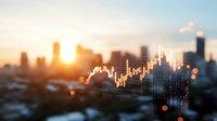 Financial market data chart overlay on blurred urban cityscape silhouette during golden sunset, showing stock trading analysis and business growth.